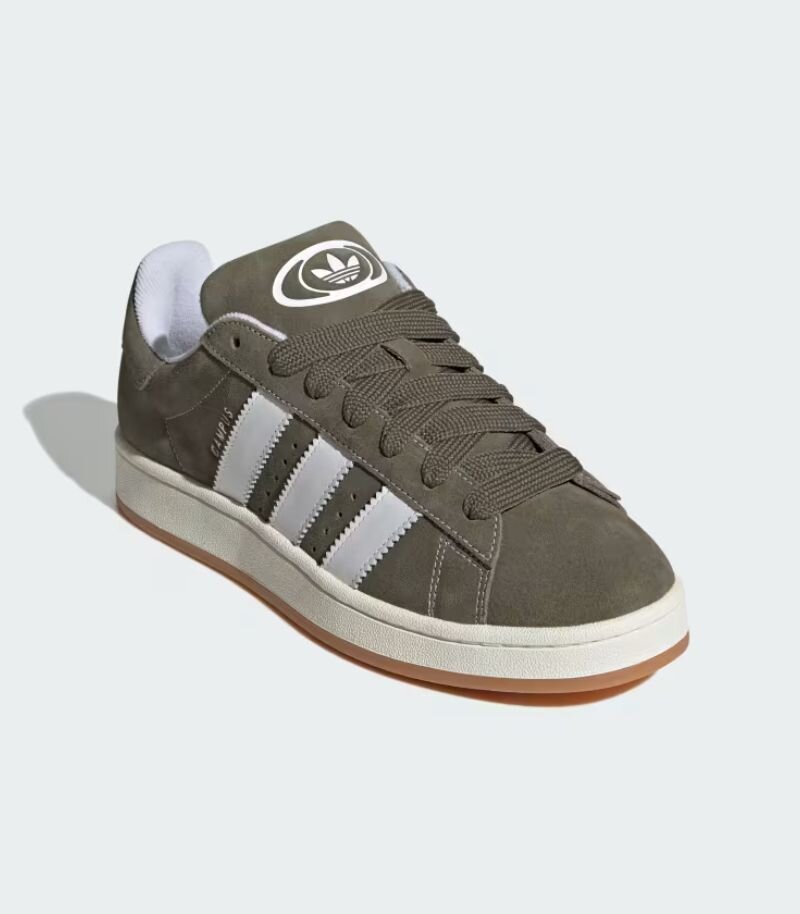 adidas campus 00s in green brown colour with white stripes and green laces