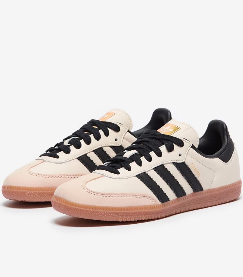 adidas sambas in sand colour with black stripes and details 