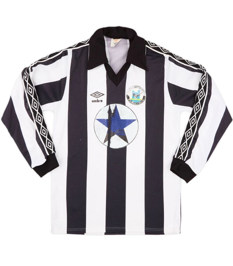 newcastle united home shirt from 1980-83 in black and white